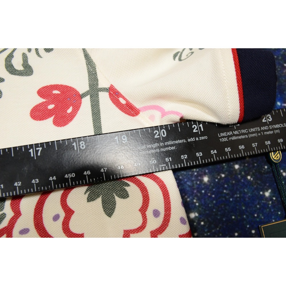 Extracurricular Polo Shirt Mens Medium Floral Print Cream Navy Collar Golf - Picture 7 of 8